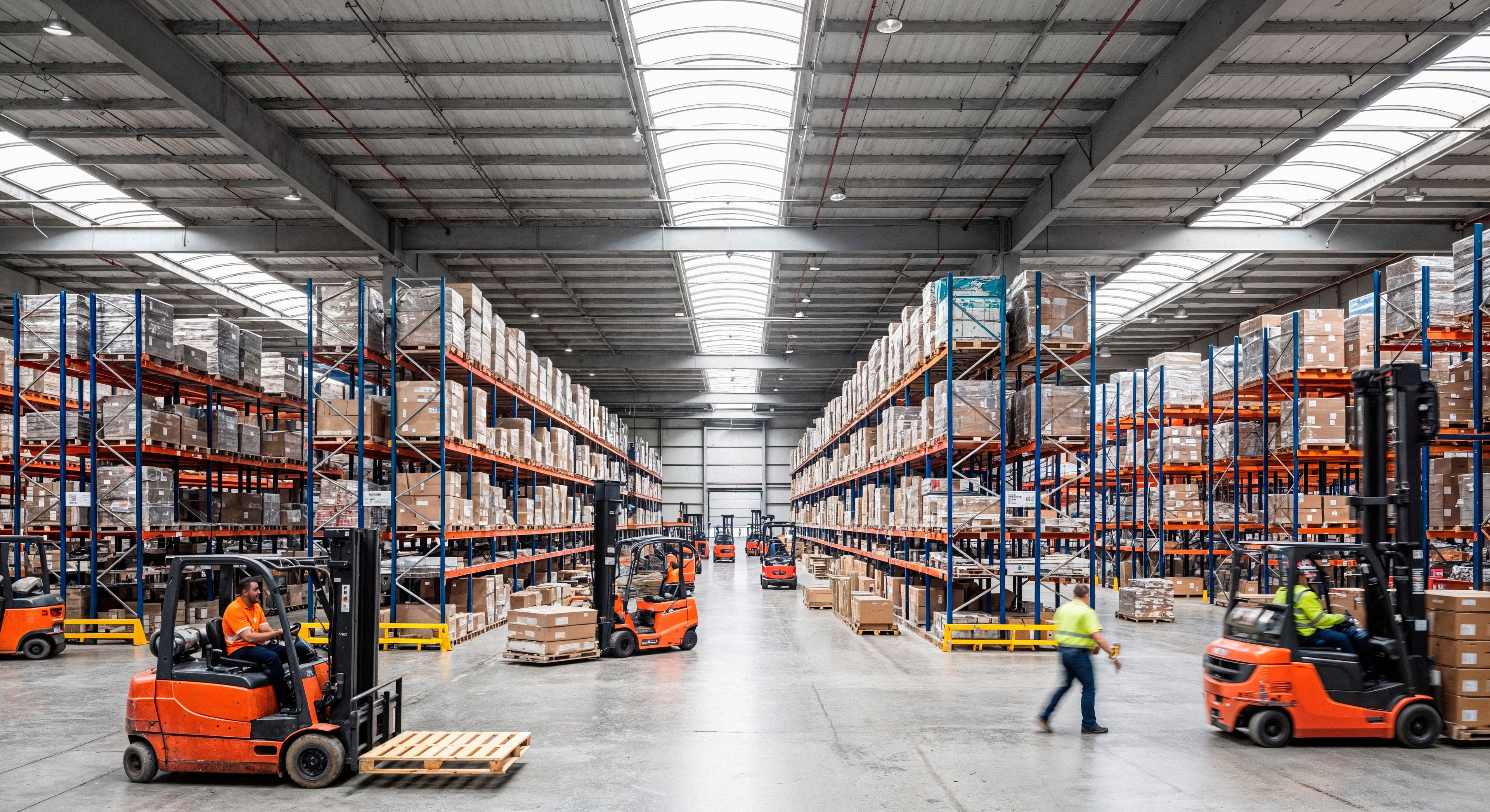 Forklift loading pallets at a busy warehouse loading dock