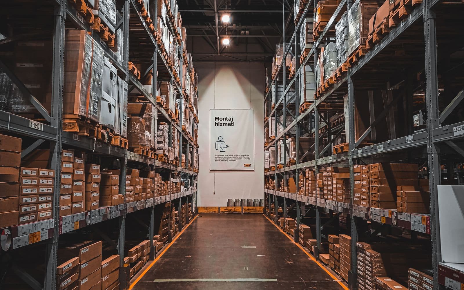 Pallets stored in a wholesale distribution warehouse